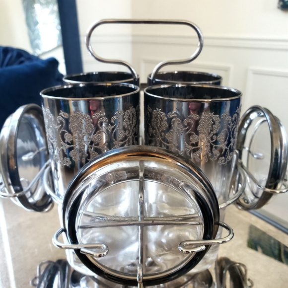 Vintage MCM Mid Century Caddy Silver Highball Glasses & Coaster Set - Picture 3 of 3